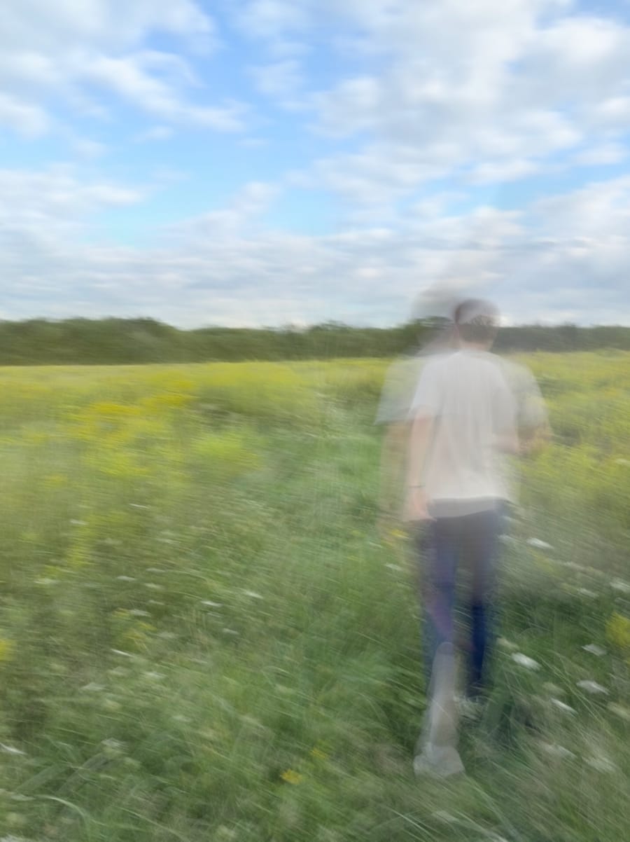 A motion-blurred figure walking through a flowering field